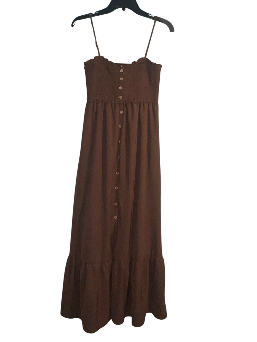Dokotoo chocolate brown tiered sleeveless maxi dress w/button down front. Size M - Picture 6 of 11